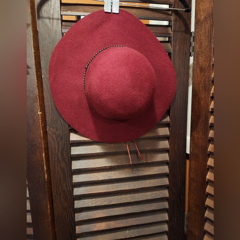 Charming Charlie Maroon Wide-Brim Felt Hat with Braided Trim